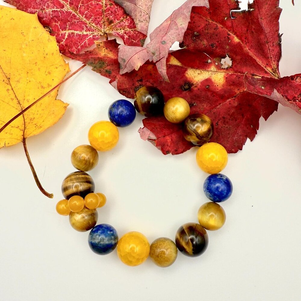 Energy Balance Bracelet Yellow Agate Tiger Eye and Lapis Lazuli Stretch Bracelet - Picture 1 of 5